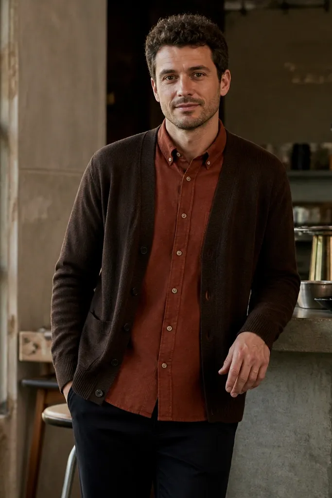 Rust button-up under dark brown cardigan with black chinos and dark brown loafers
