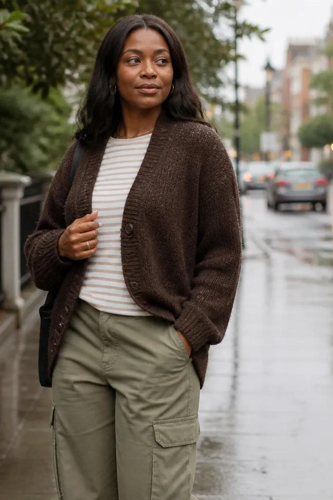 Striped tee under dark brown cardigan with olive cargo pants and brown boots