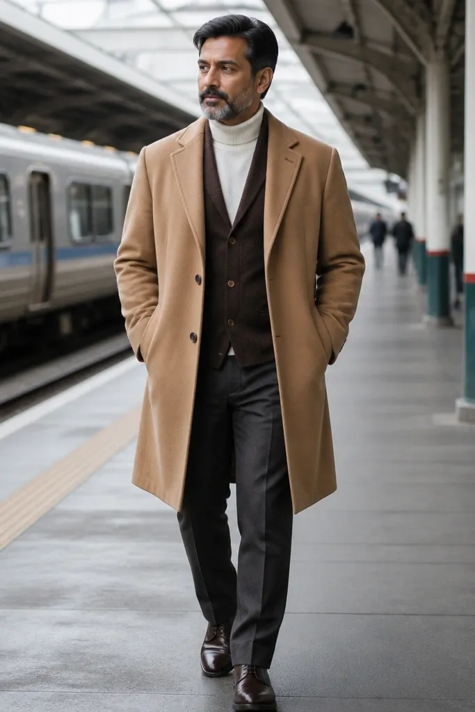Cream turtleneck with dark brown cardigan under a camel overcoat and dark pants