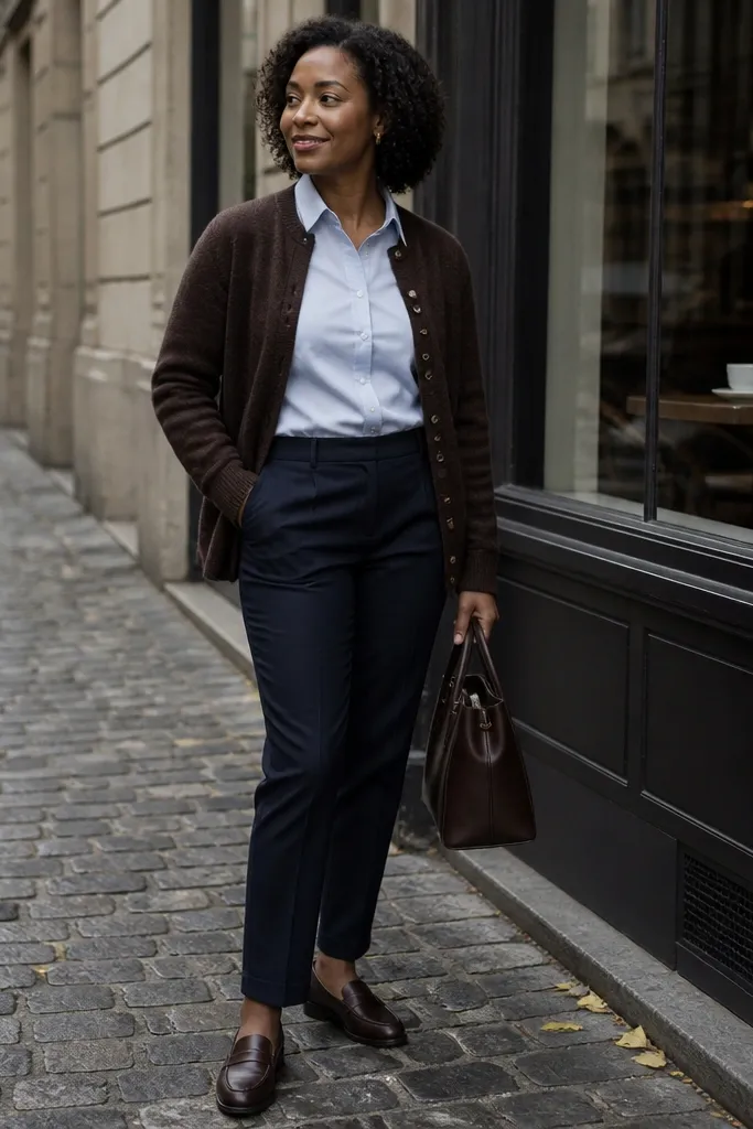 Light blue Oxford shirt under dark brown cardigan with navy chinos and brown loafers
