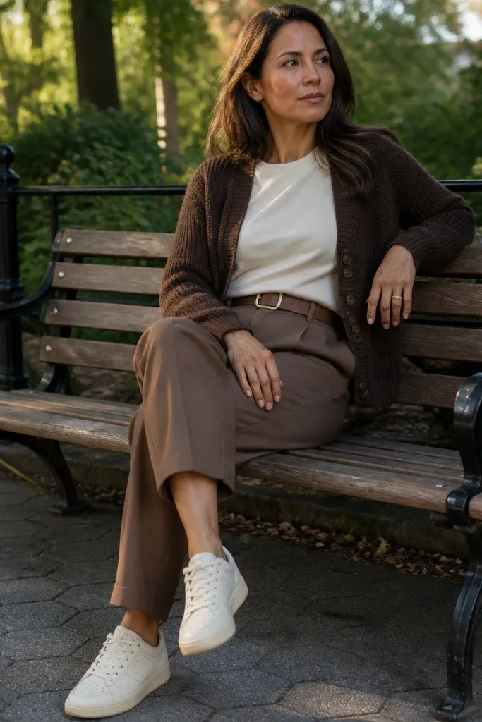 Brown cardigan outfit with cream sneakers and a tan belt