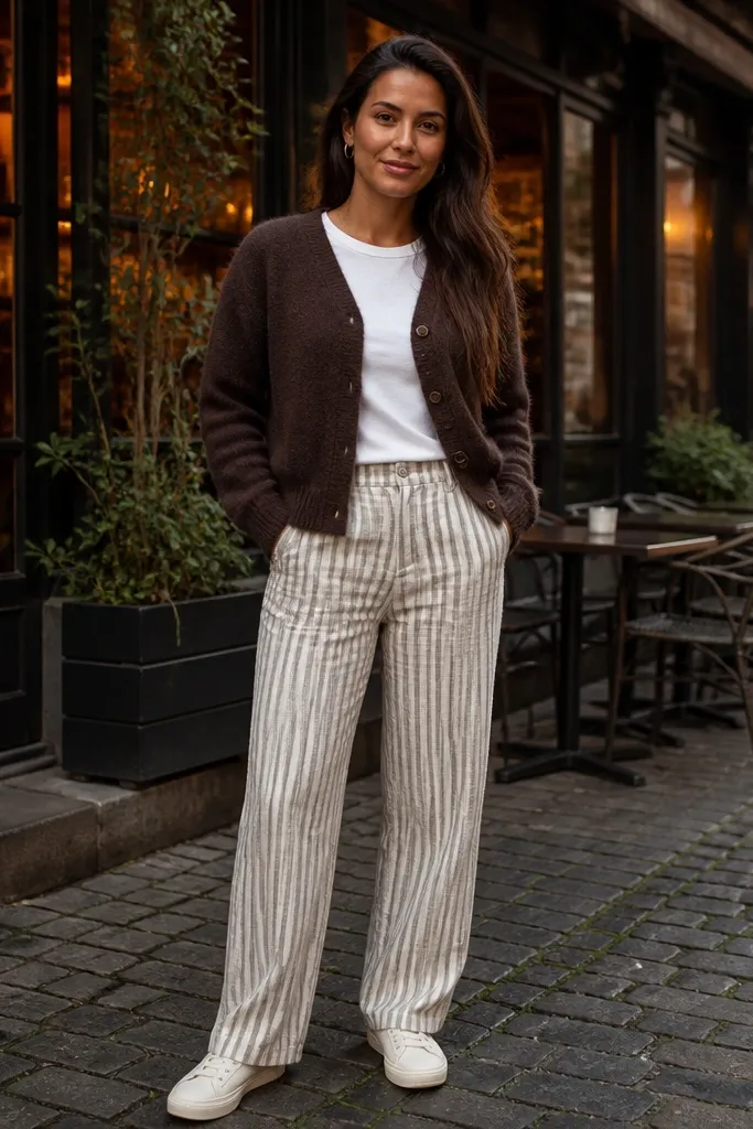 White tee under dark brown cardigan with subtle striped trousers and brown shoes