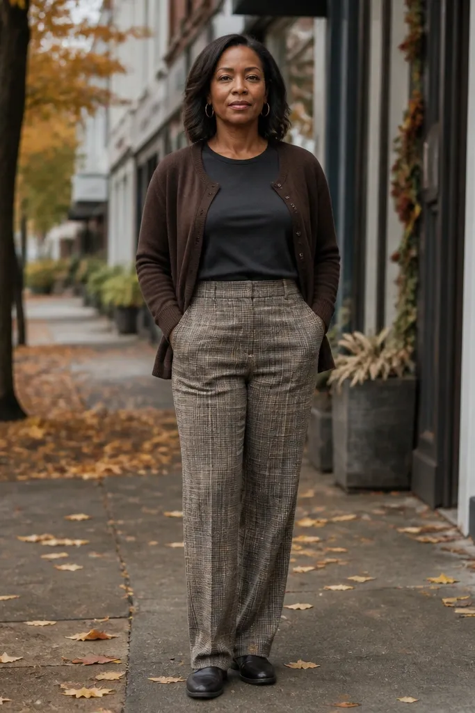 Charcoal t-shirt under dark brown cardigan with wool plaid trousers and brown boots