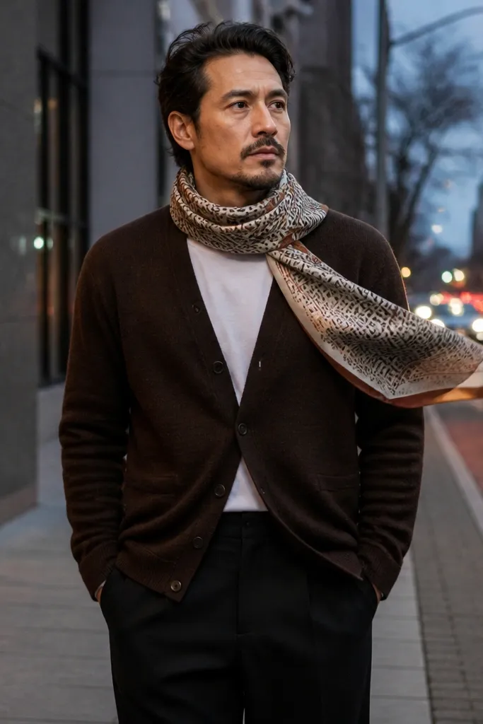 White crew tee under dark brown cardigan with black trousers and a patterned scarf