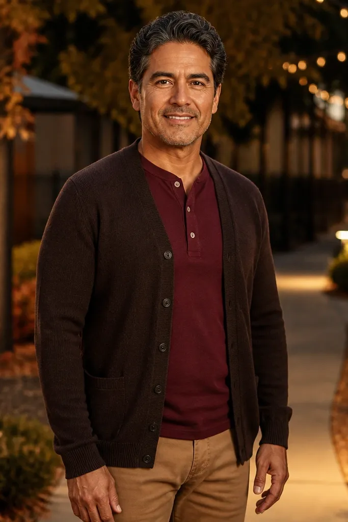 Burgundy henley under dark brown cardigan with tan chinos and brown boots