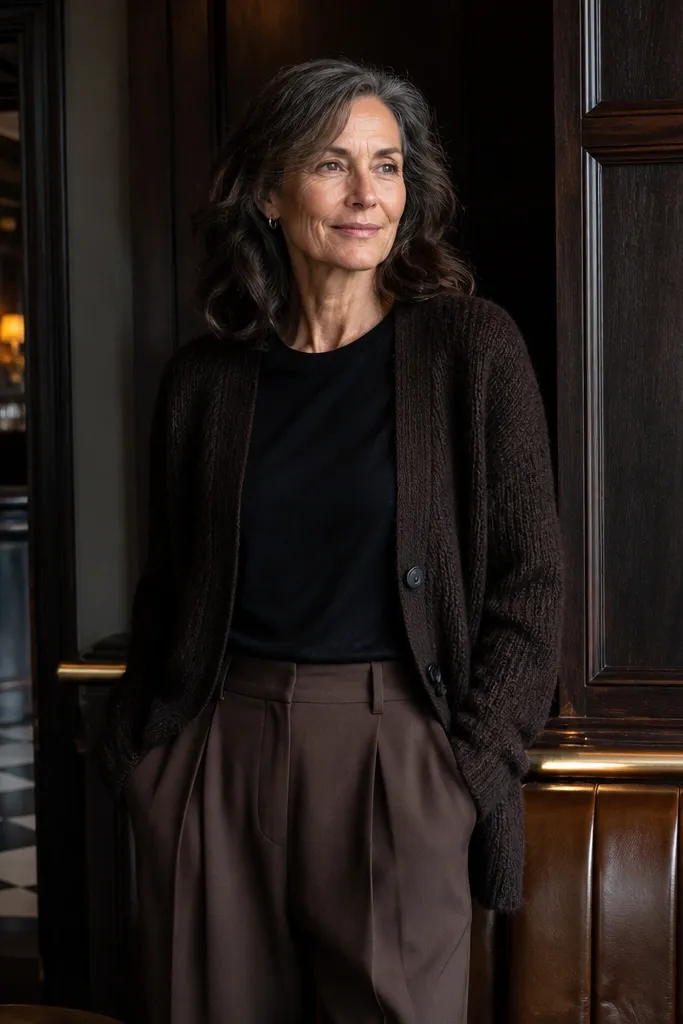 Black tee under dark brown cardigan with brown pleated trousers and dark boots