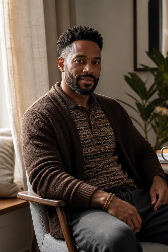 Patterned knit shirt under dark brown cardigan with dark charcoal joggers and sneakers