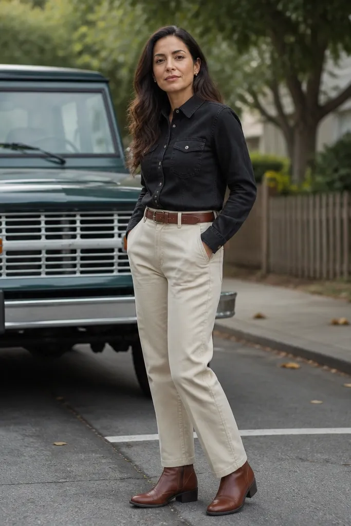 Black denim shirt with ecru chinos and cognac leather boots