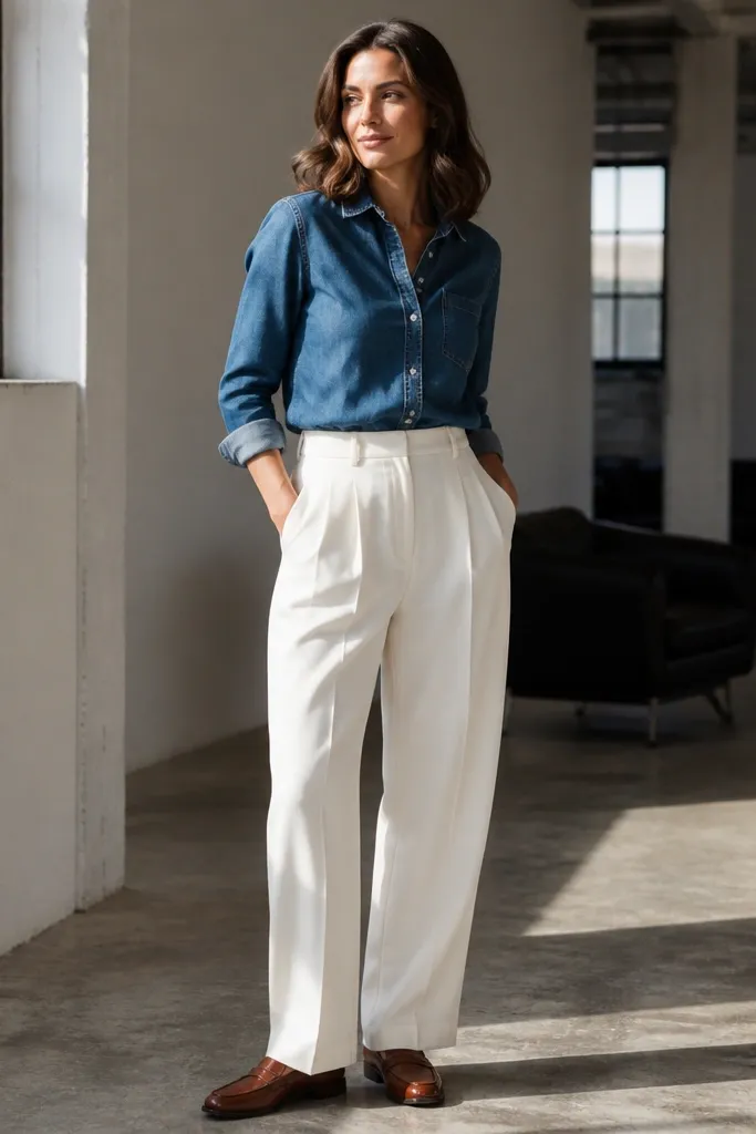 Indigo denim top with white pleated trousers and brown loafers