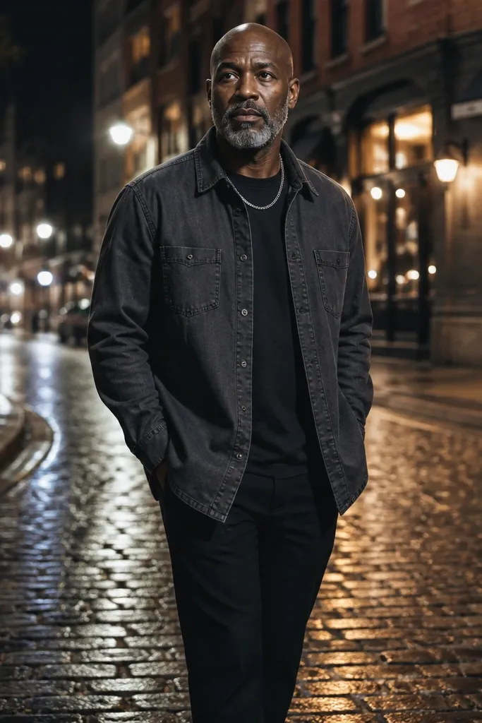 Charcoal denim overshirt with black tapered pants and silver chain