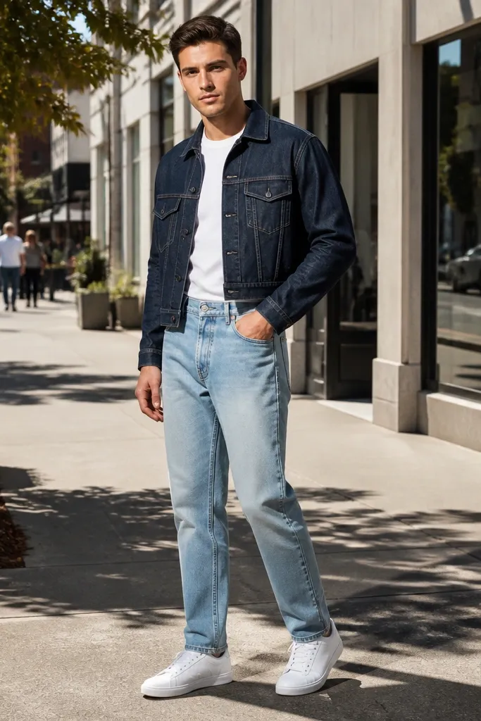 Dark denim cropped jacket with light wash jeans and white sneakers