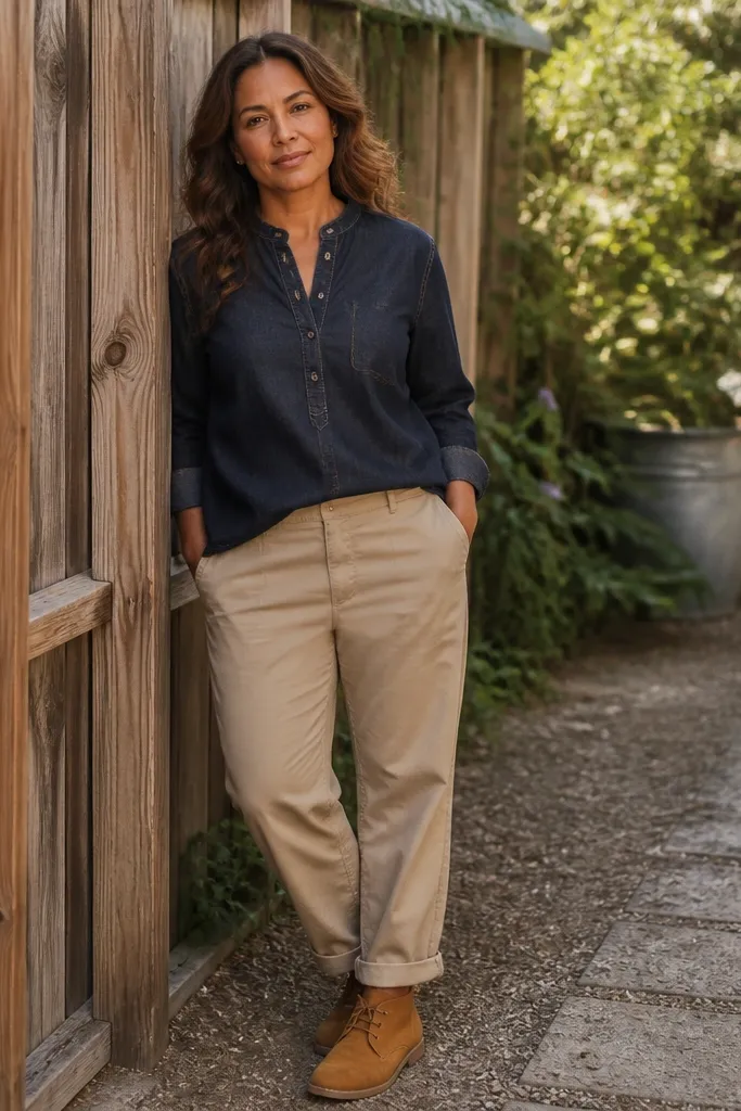 Dark denim henley with oatmeal chinos and suede desert boots
