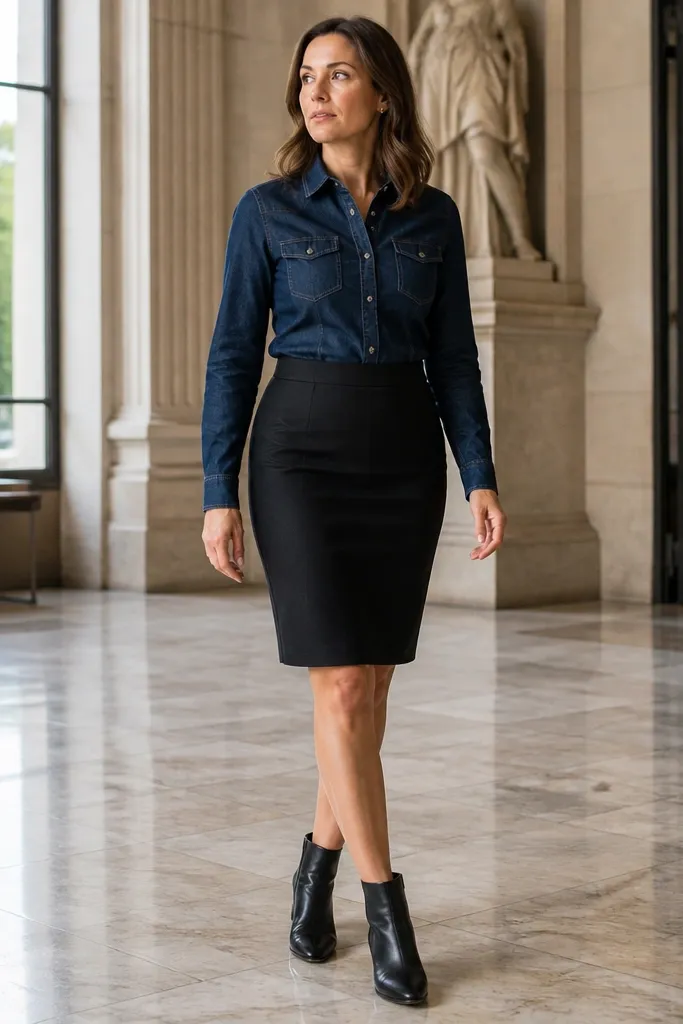 Dark denim shirt tucked into a black pencil skirt with ankle boots
