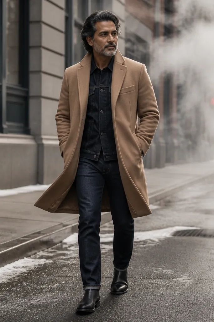 Dark denim top under a camel overcoat with dark jeans and Chelsea boots