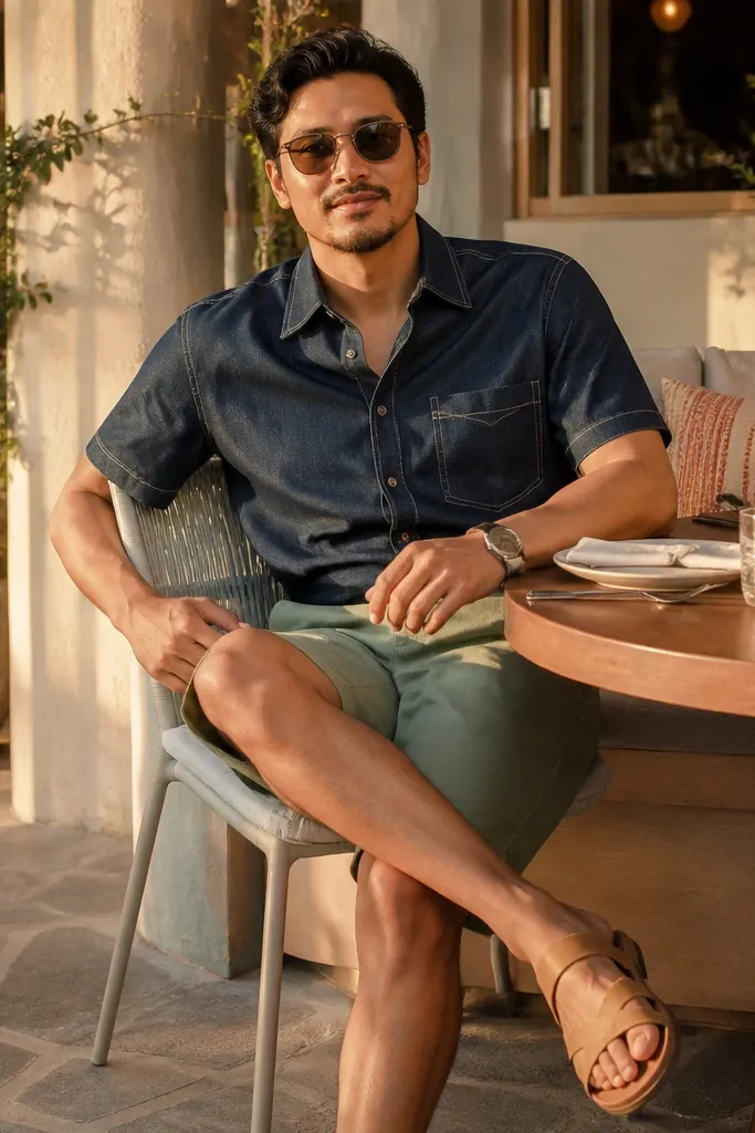 Indigo denim top with sage chino shorts and tan sandals