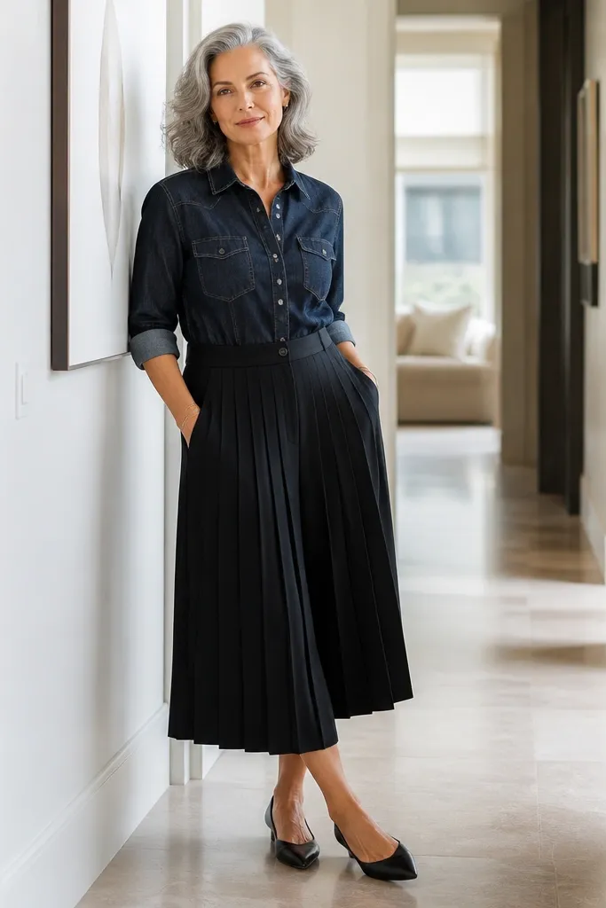 Dark denim top tucked into black pleated culottes with pointed flats