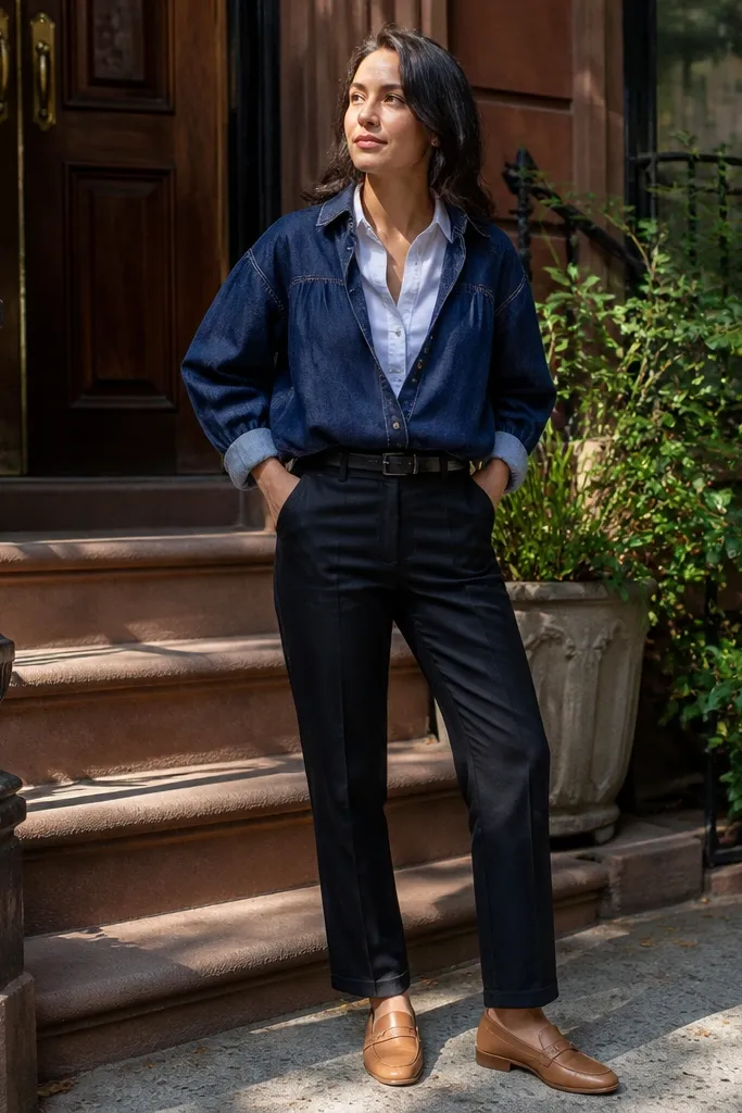 Dark denim top layered over a white button-down with collar showing