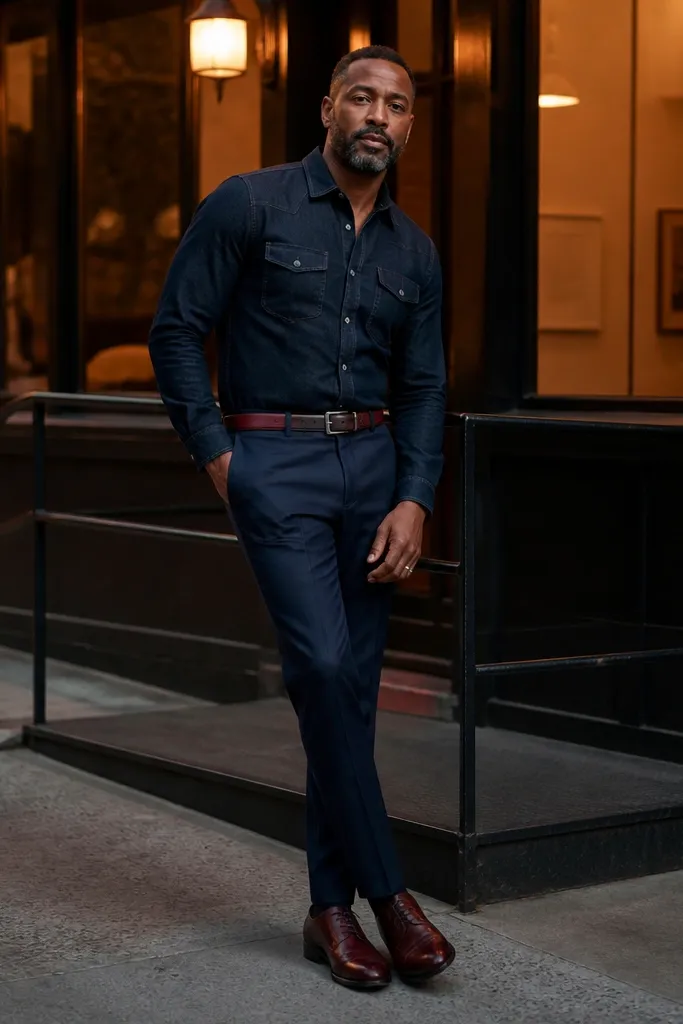 Dark denim top with navy trousers and burgundy belt and shoes