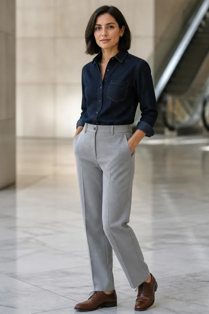 Dark denim top with light gray wool trousers and brown leather lace-up shoes