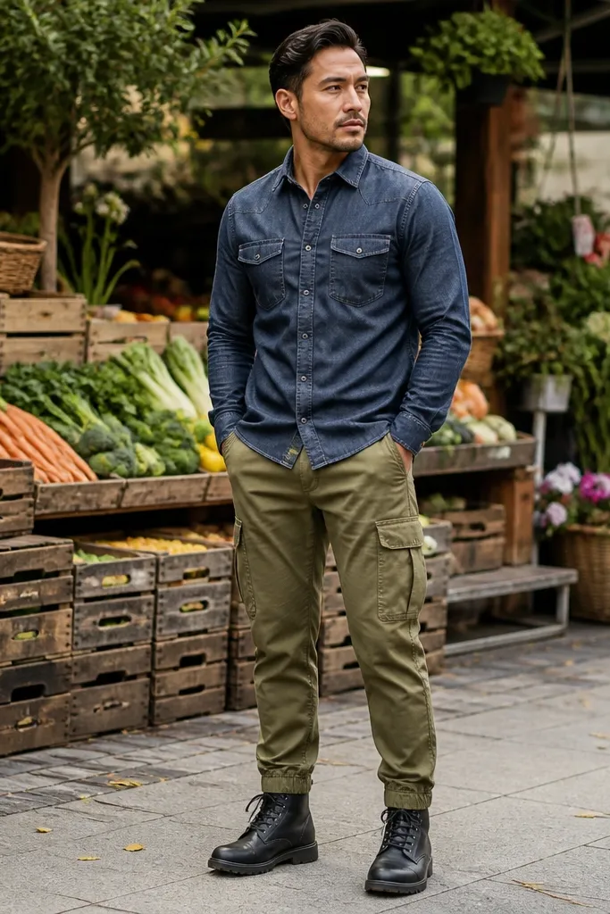 Dark denim top with olive cargo pants and black utility boots