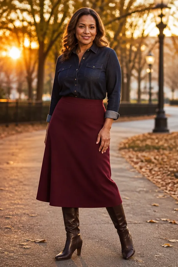 Dark denim top tucked into a burgundy midi skirt with dark brown heeled boots