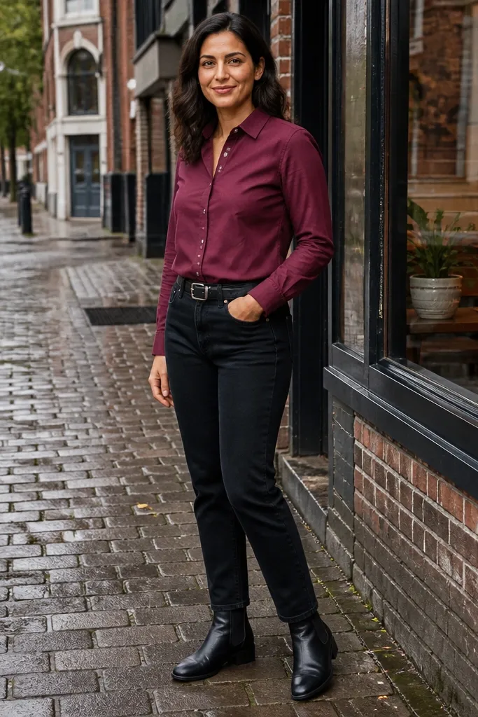 Maroon button-down with black jeans and black Chelsea boots, minimal belt and watch.