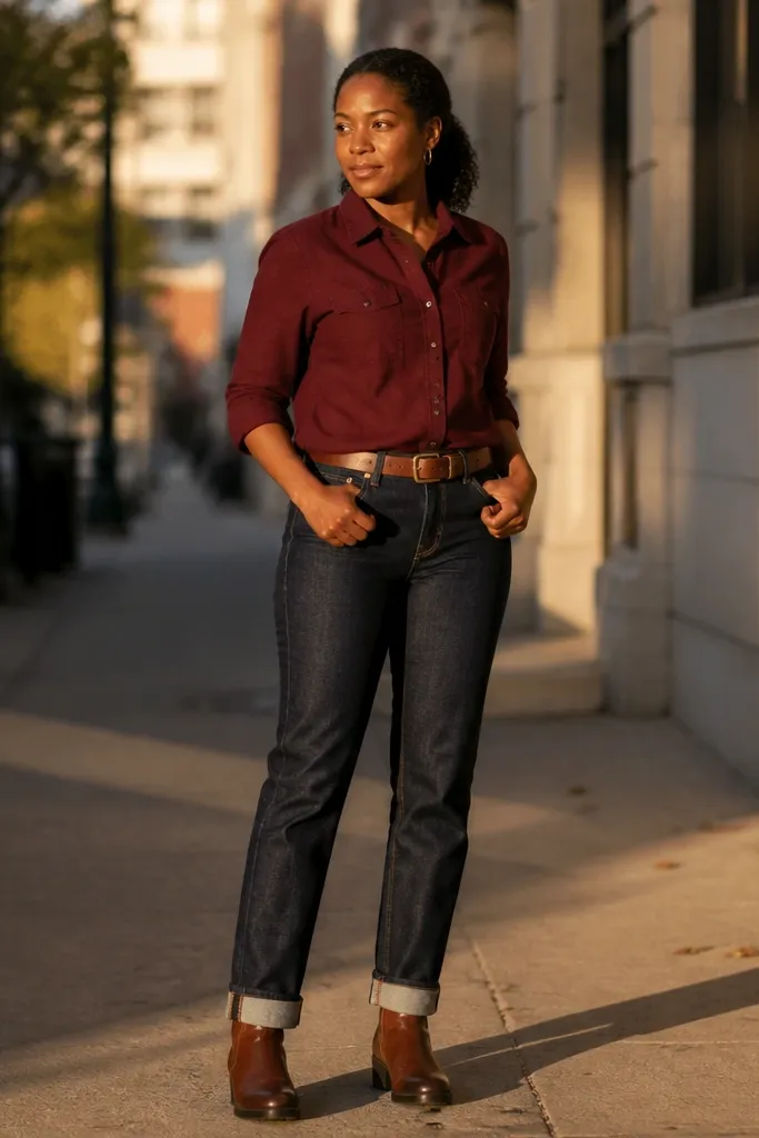 Oxblood red shirt with dark indigo jeans, brown belt, and tan-brown boots.
