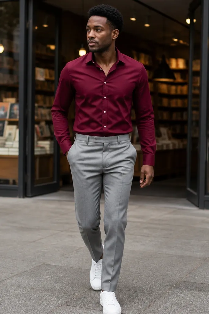 Burgundy shirt untucked over light gray trousers with white low-top sneakers.
