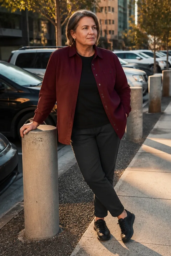 Dark red overshirt over charcoal chinos with black leather sneakers.
