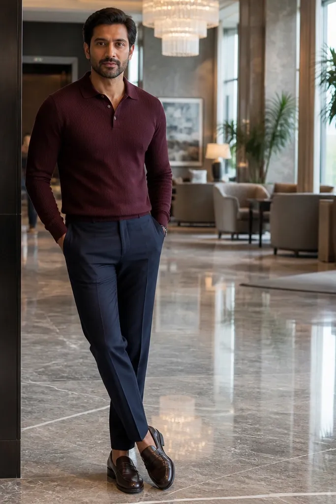 Maroon knit polo with navy trousers and dark brown loafers.
