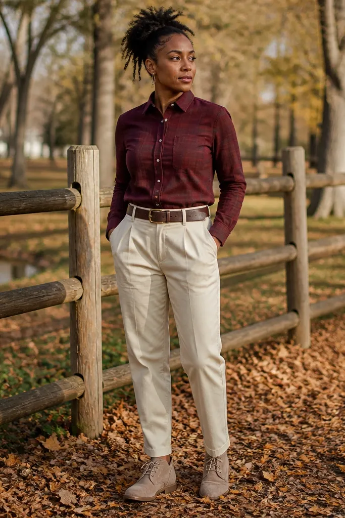 Oxblood flannel with cream chinos and suede desert boots.