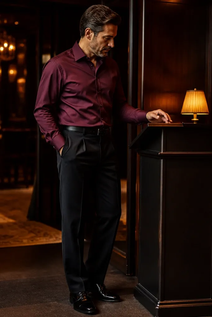 Deep burgundy shirt with black pleated trousers and shiny patent dress shoes.