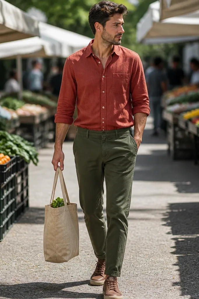 Brick-red shirt with olive chinos and brown leather sneakers.