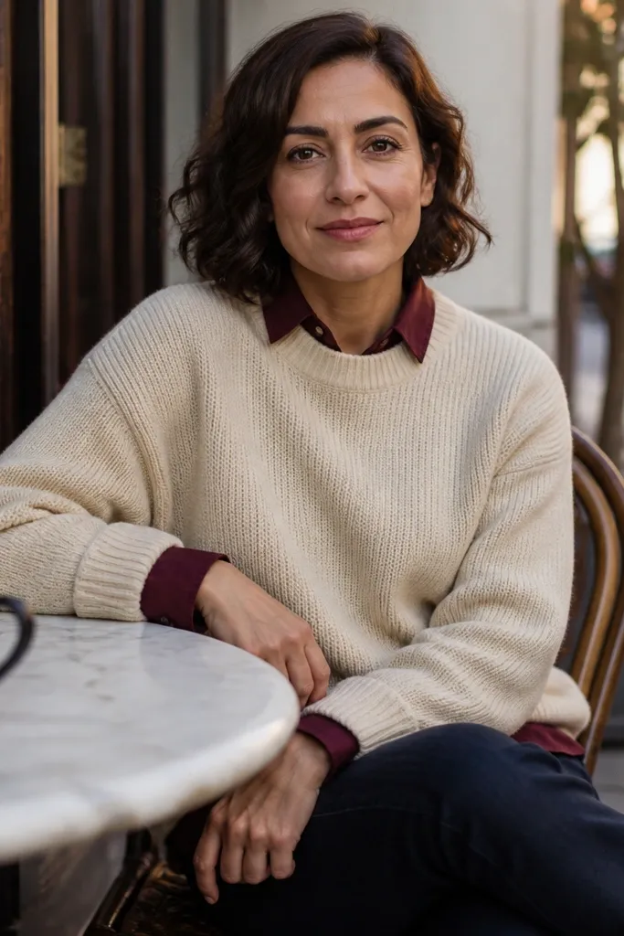 Maroon button-down layered under a cream sweater with dark jeans.