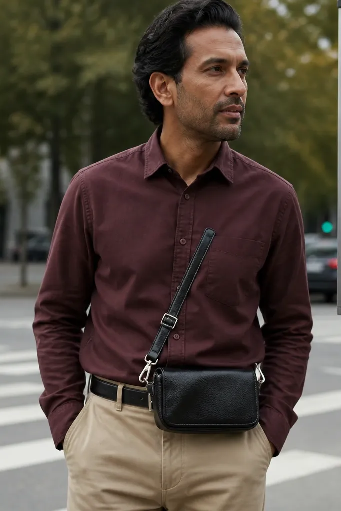 Oxblood shirt with tan chinos and a black belt bag across the waist.