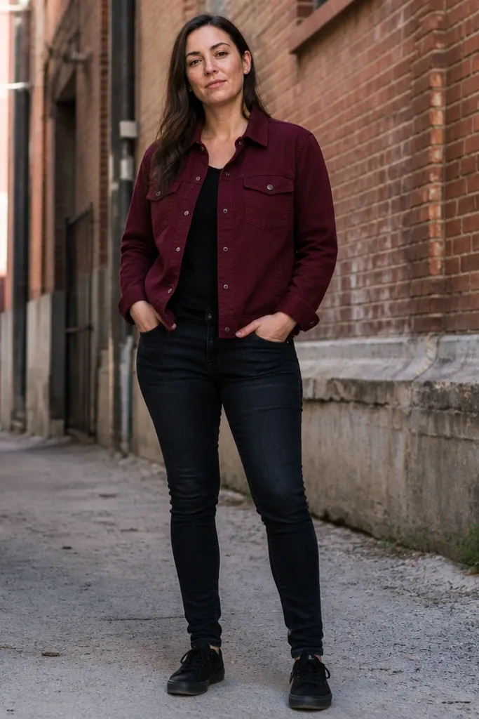 Burgundy overshirt over dark wash skinny jeans with black sneakers.