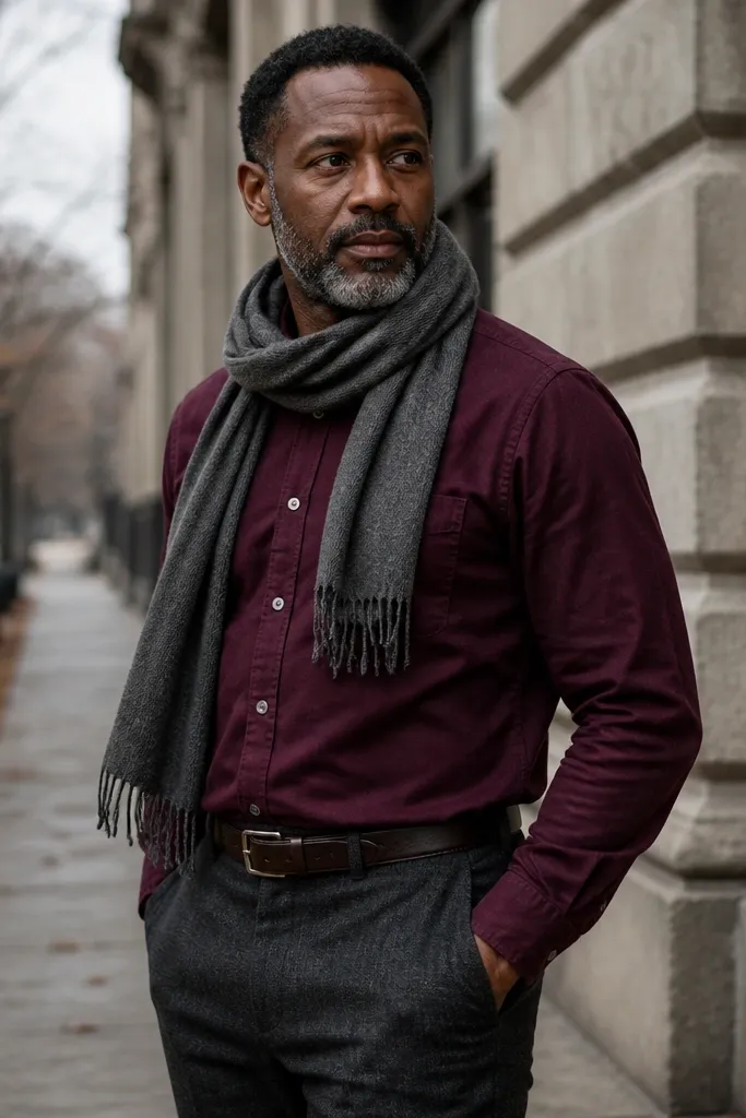 Maroon shirt with charcoal wool trousers and a gray scarf.
