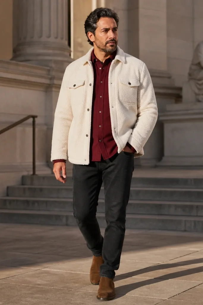 Burgundy shirt with a cream overshirt and brown suede boots.