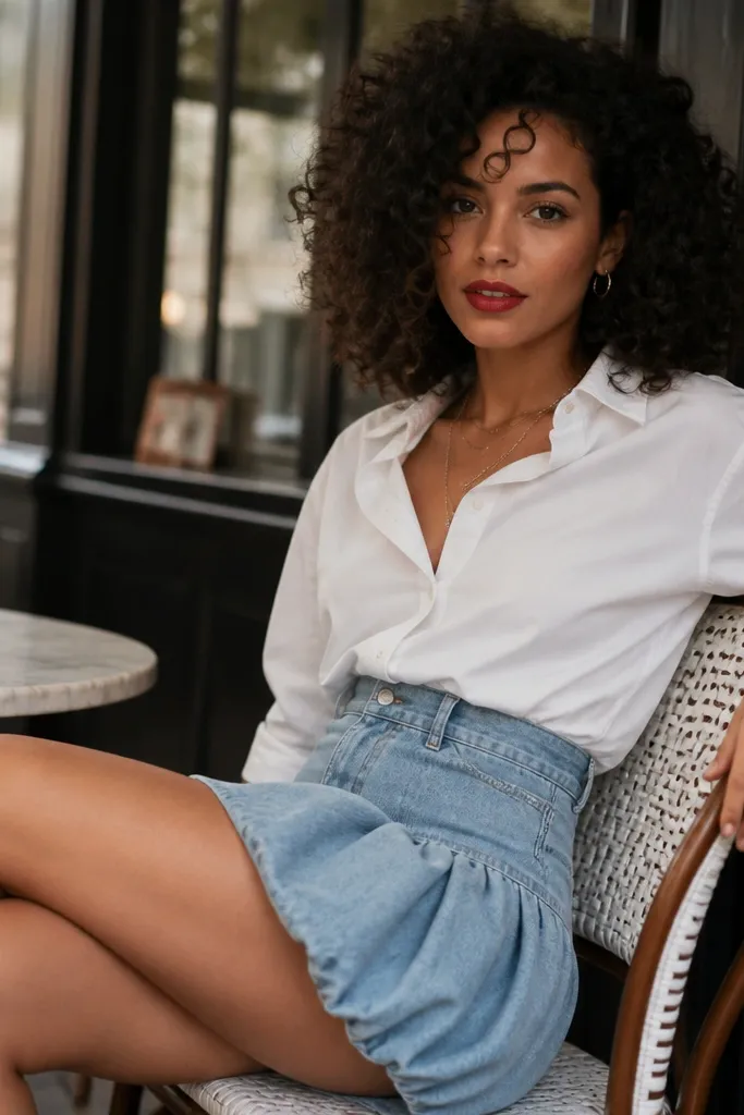 Light denim bubble mini skirt with a white button-down and red lipstick with tan boots