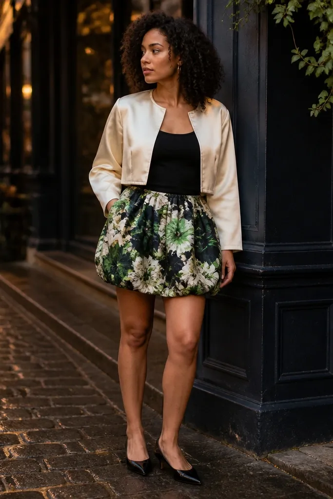 Floral patterned bubble mini skirt with a solid black bodysuit and black heels