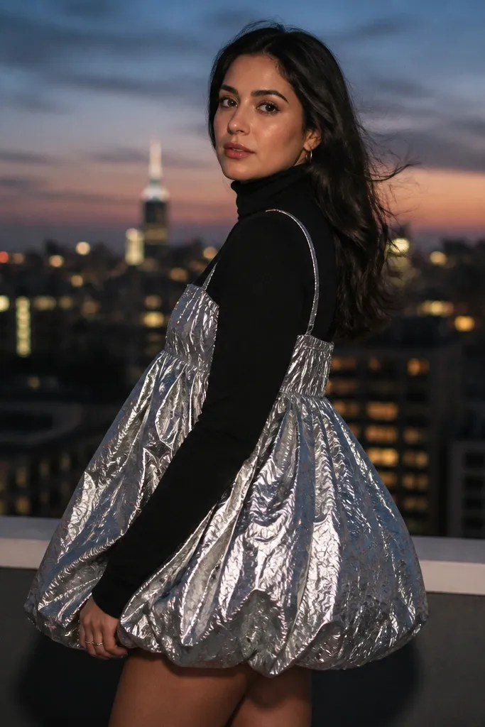 Silver metallic bubble mini skirt with a black turtleneck and black heeled boots