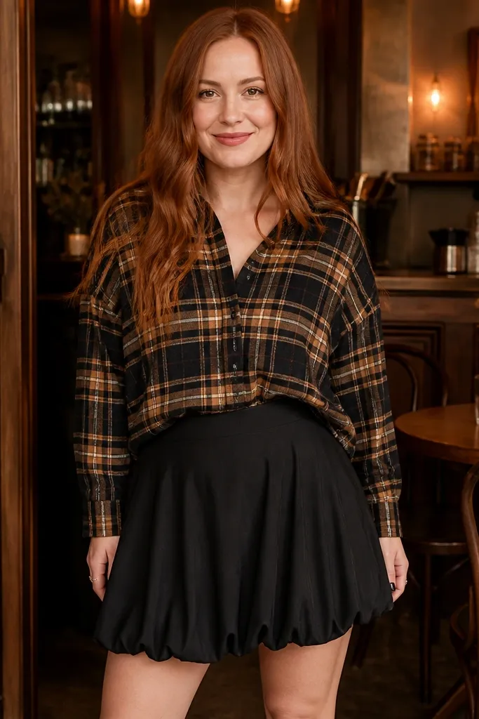 Black bubble mini skirt with a plaid button-down front tuck and brown boots