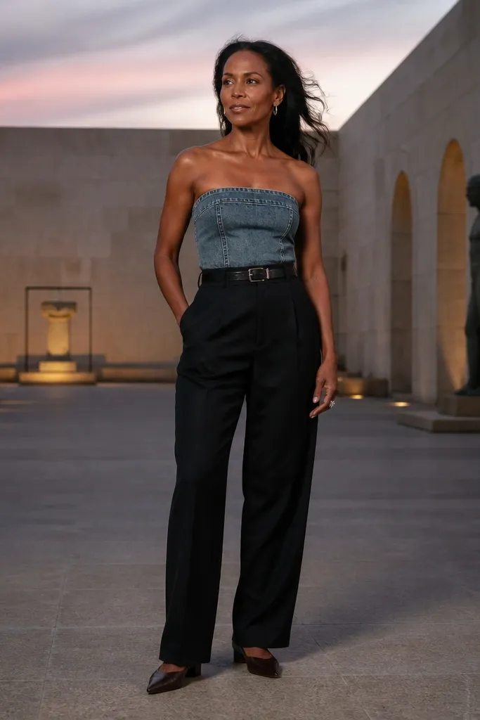 Stone wash denim bandeau with tailored trousers and pointed-toe flats