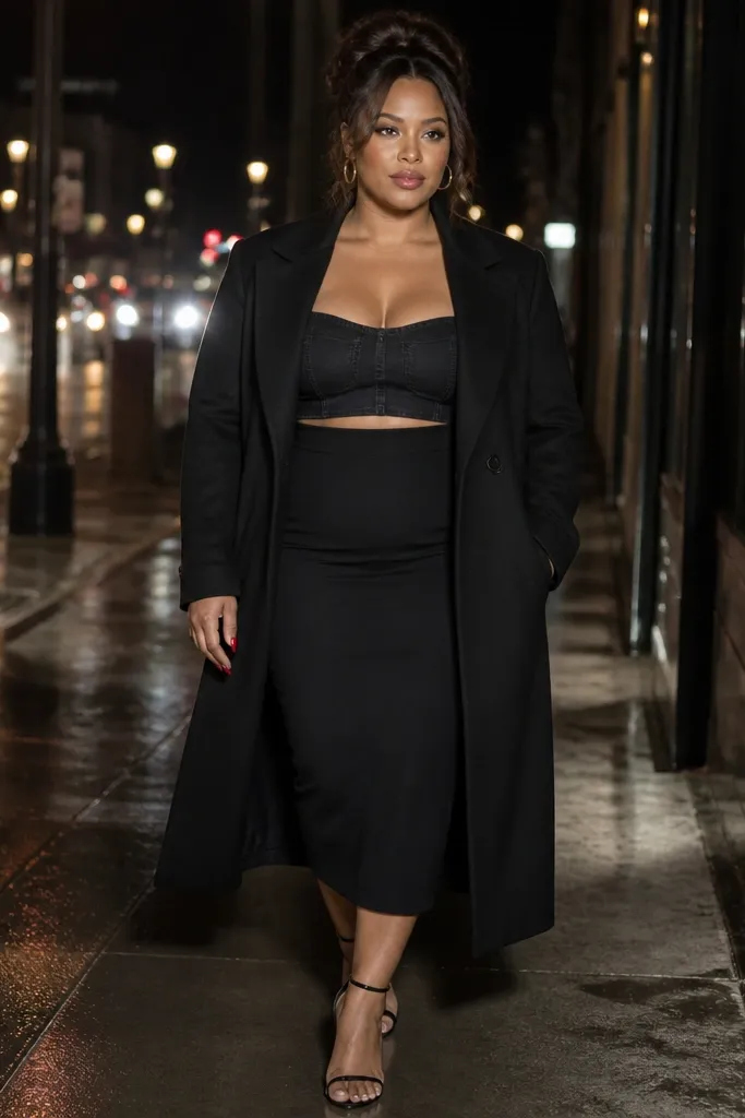 Black denim bandeau with a bodycon midi skirt and a longline coat