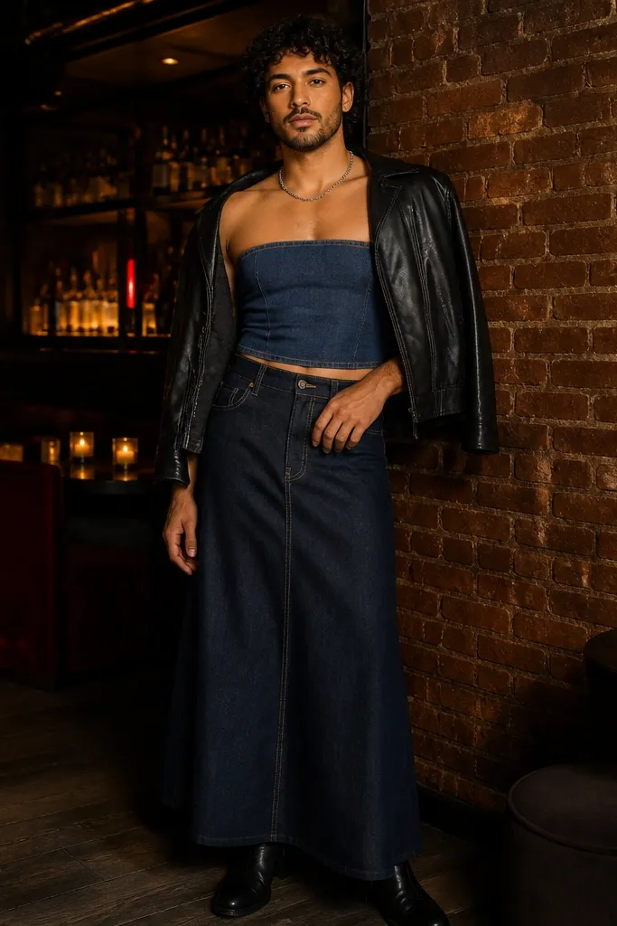 Blue denim bandeau with a dark wash maxi skirt and a leather jacket