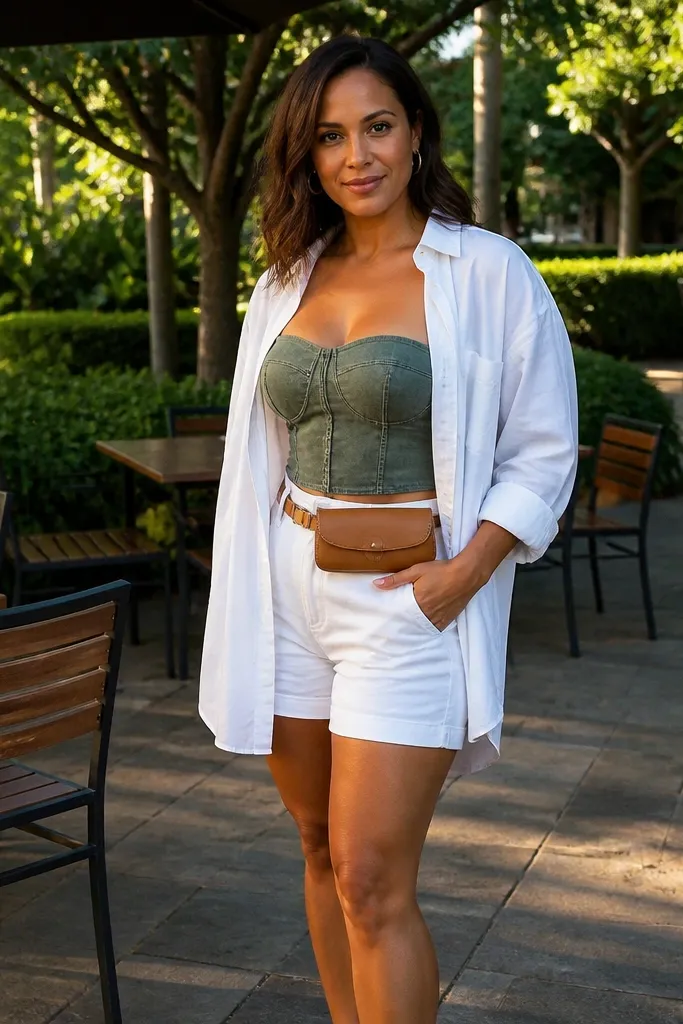 Washed green denim bandeau with white denim shorts and an oversized button-up