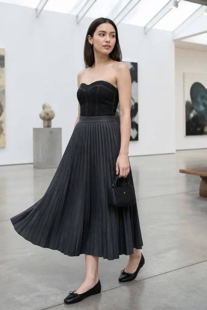 Black denim bandeau with a pleated A-line midi skirt and ballet flats