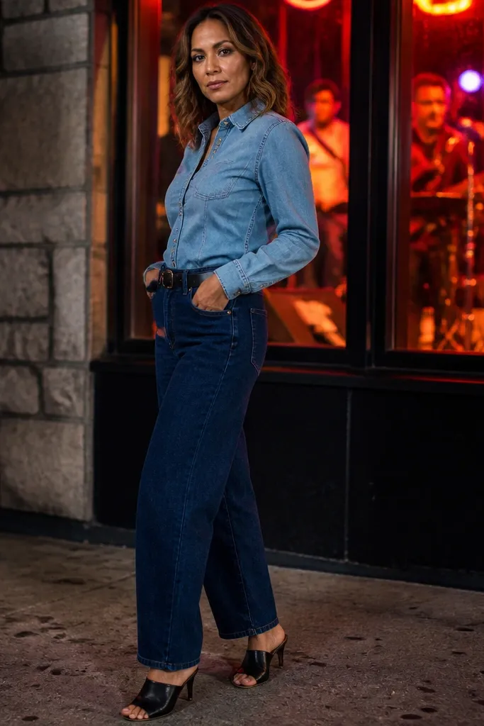 Indigo denim bandeau with a lighter denim overshirt and heeled mules