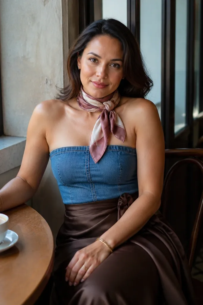 Blue denim bandeau with a wrap midi skirt and a silk neck scarf