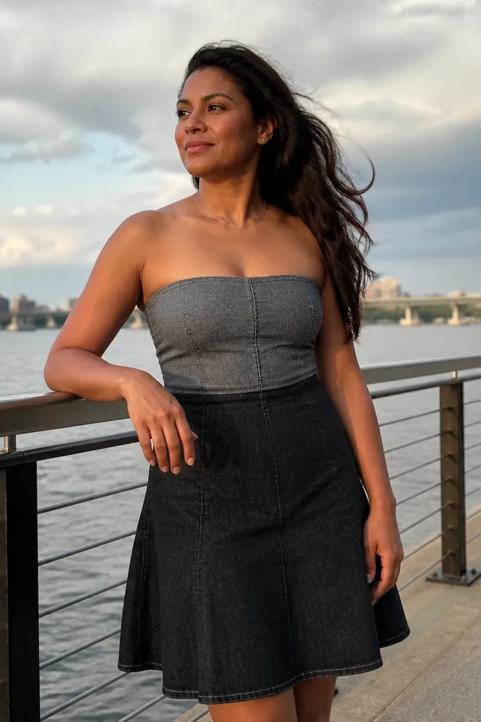 Gray denim bandeau with a dark A-line skirt and silver jewelry